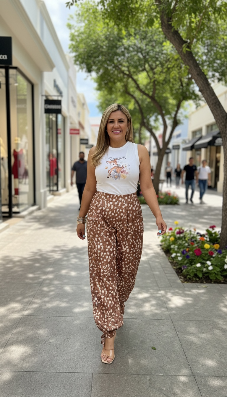 Pantalón Casual Café Claro Estampado Manchas Blancas